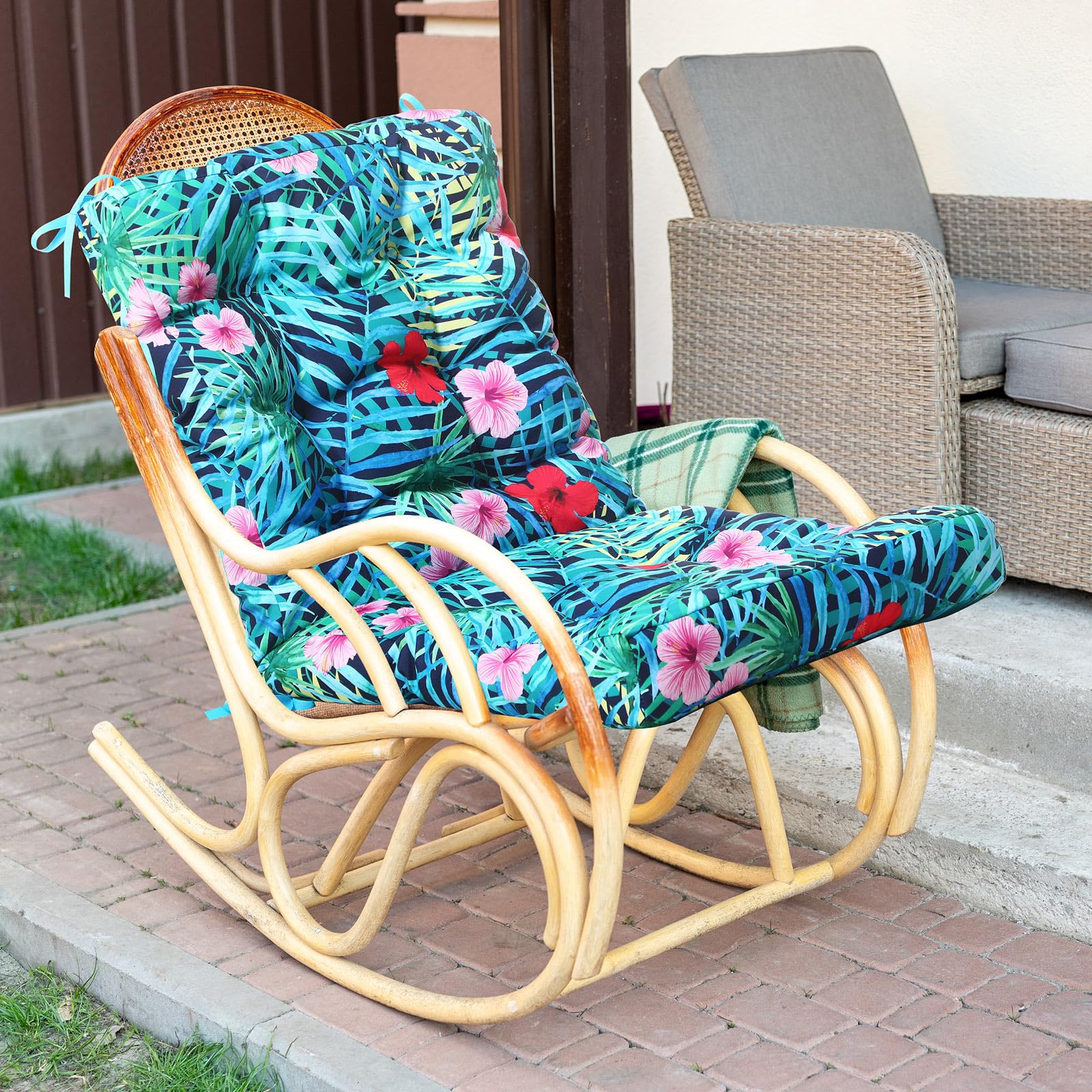 Hoteam wicker bench and porch swing cushions ready for outdoor use