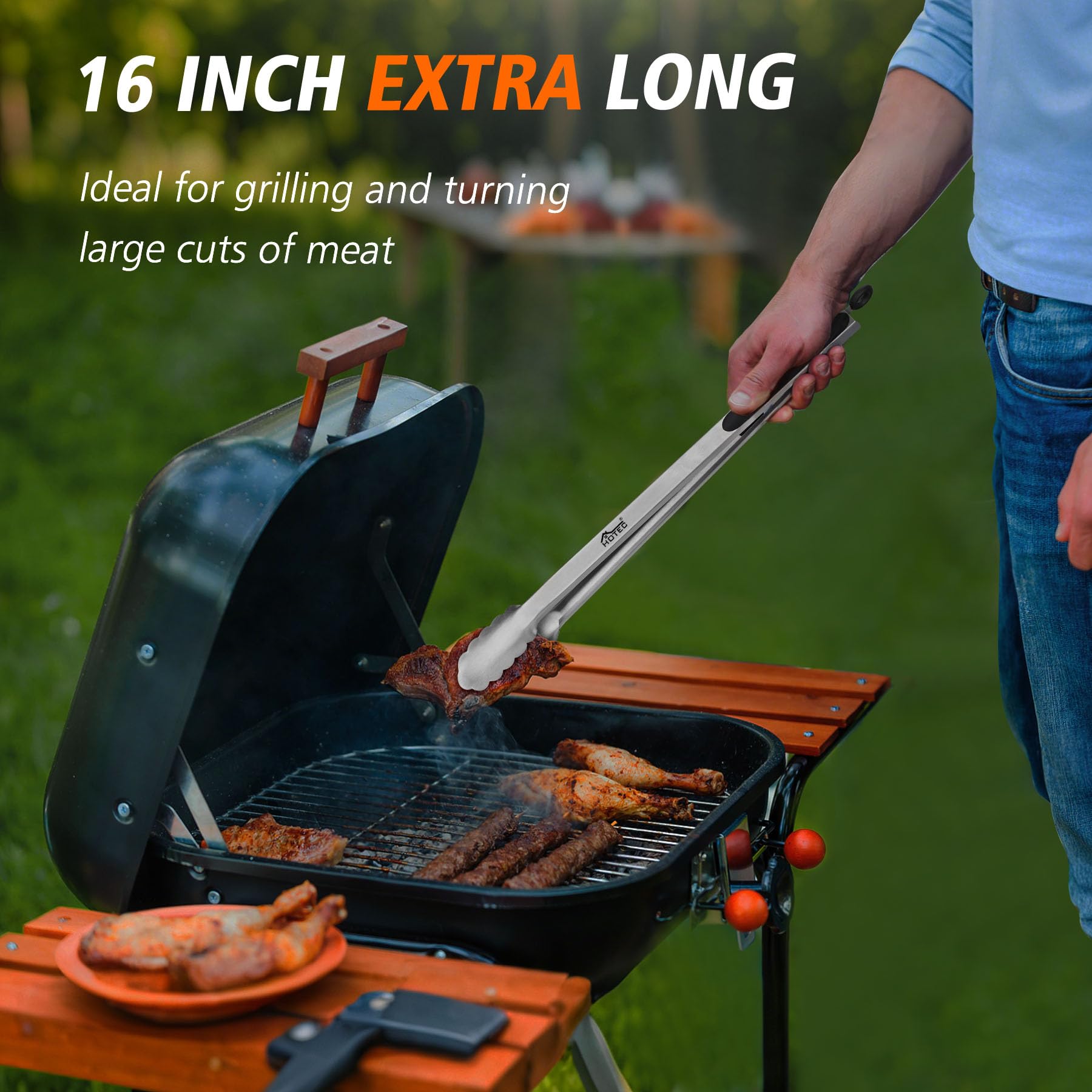 Hotec extra-long tongs with ergonomic handle for comfortable grilling sessions.