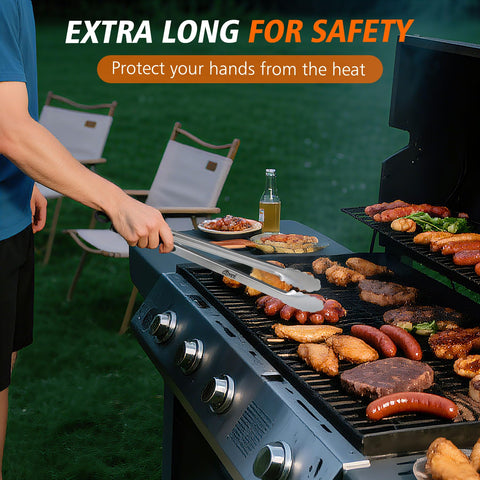 Hotec heat-resistant tongs featuring silicone grip for safe flipping by heat.