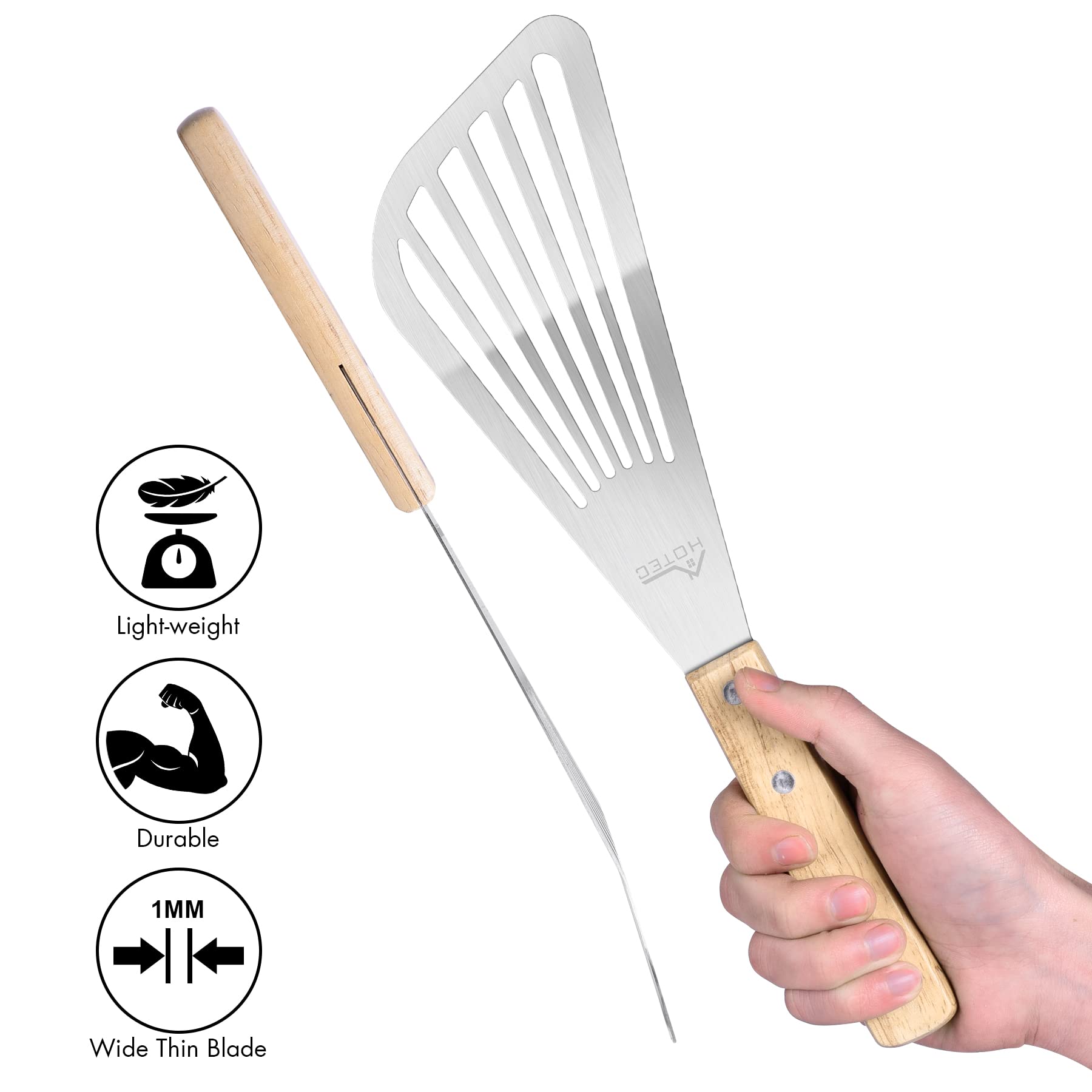 HOTEC slotted turner helps disperse and stir foods without losing pieces.