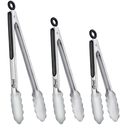 Hotec 7-inch stainless kitchen tongs with locking ring for easy storage