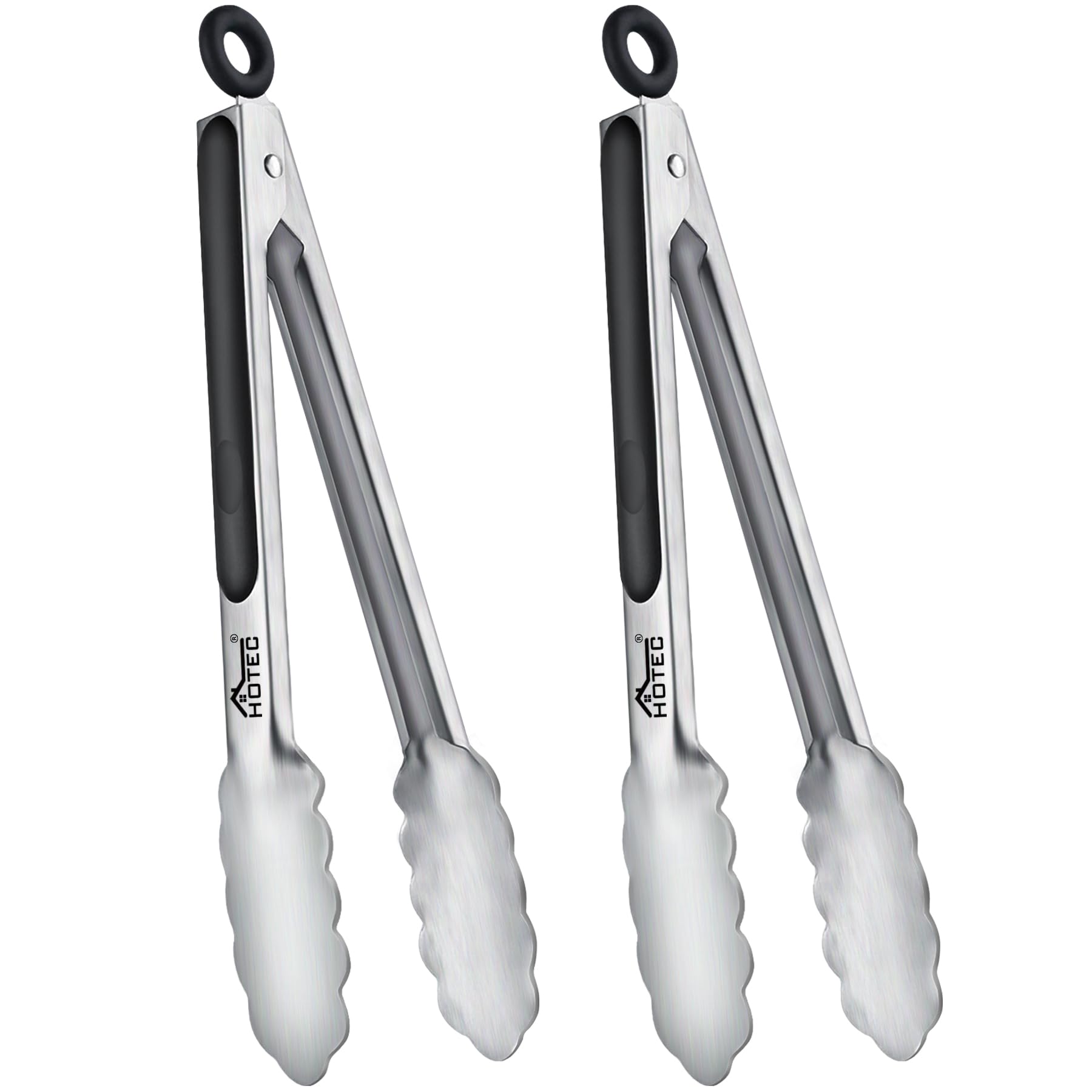 Hotec 9-inch tongs in use on grill for even flipping and searing
