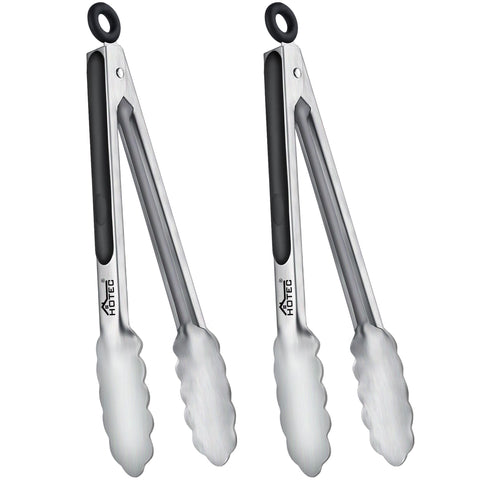 Hotec 9-inch tongs in use on grill for even flipping and searing