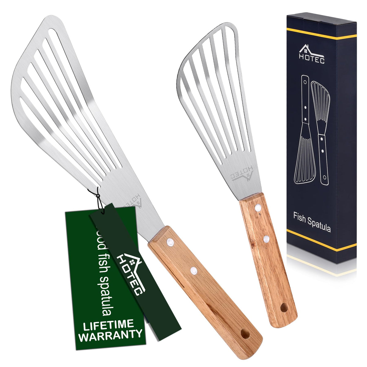 HOTEC two-piece spatula set with wooden handle, ideal for delicate fish flipping.