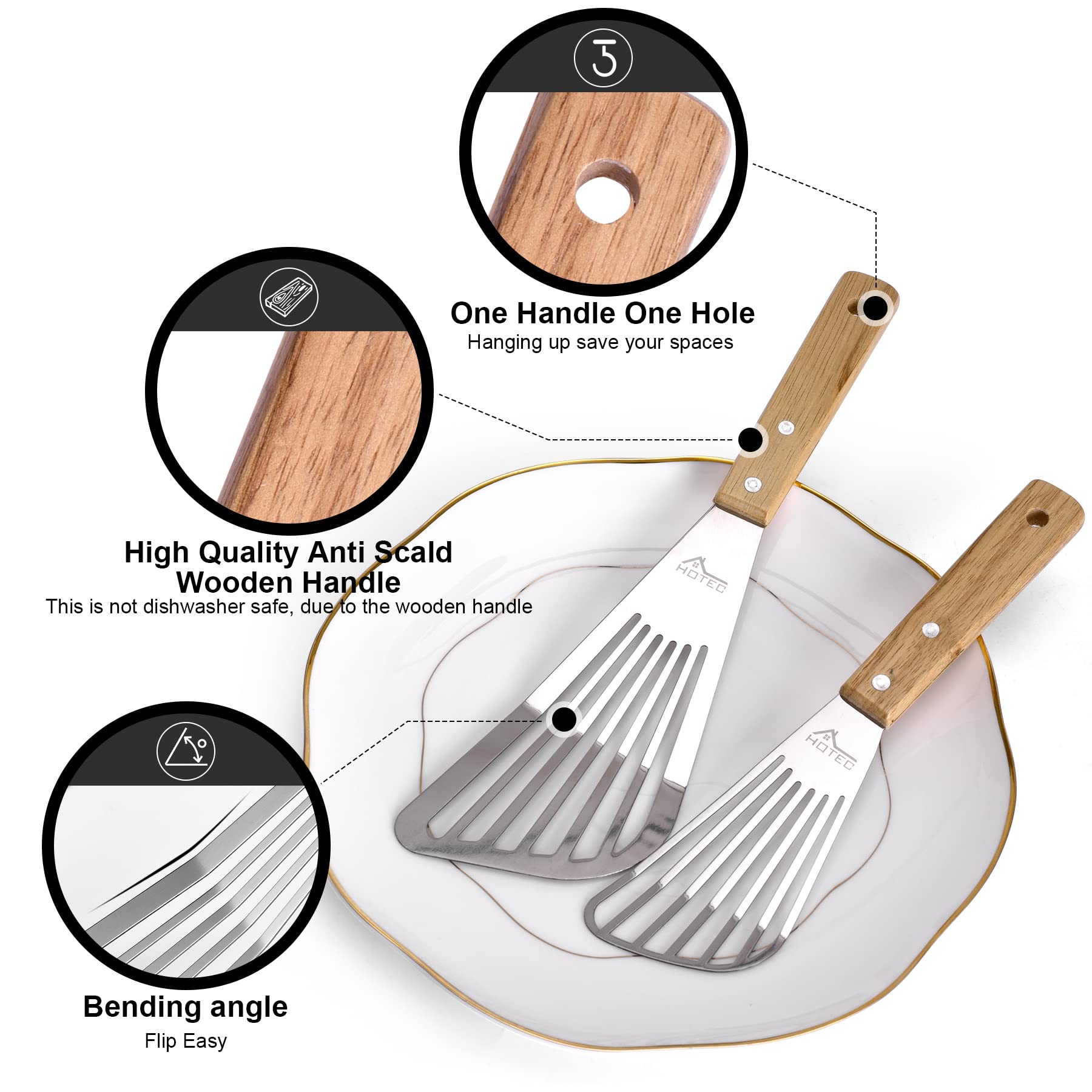 HOTEC wooden-handle spatula with non-slip grip provides precise control.