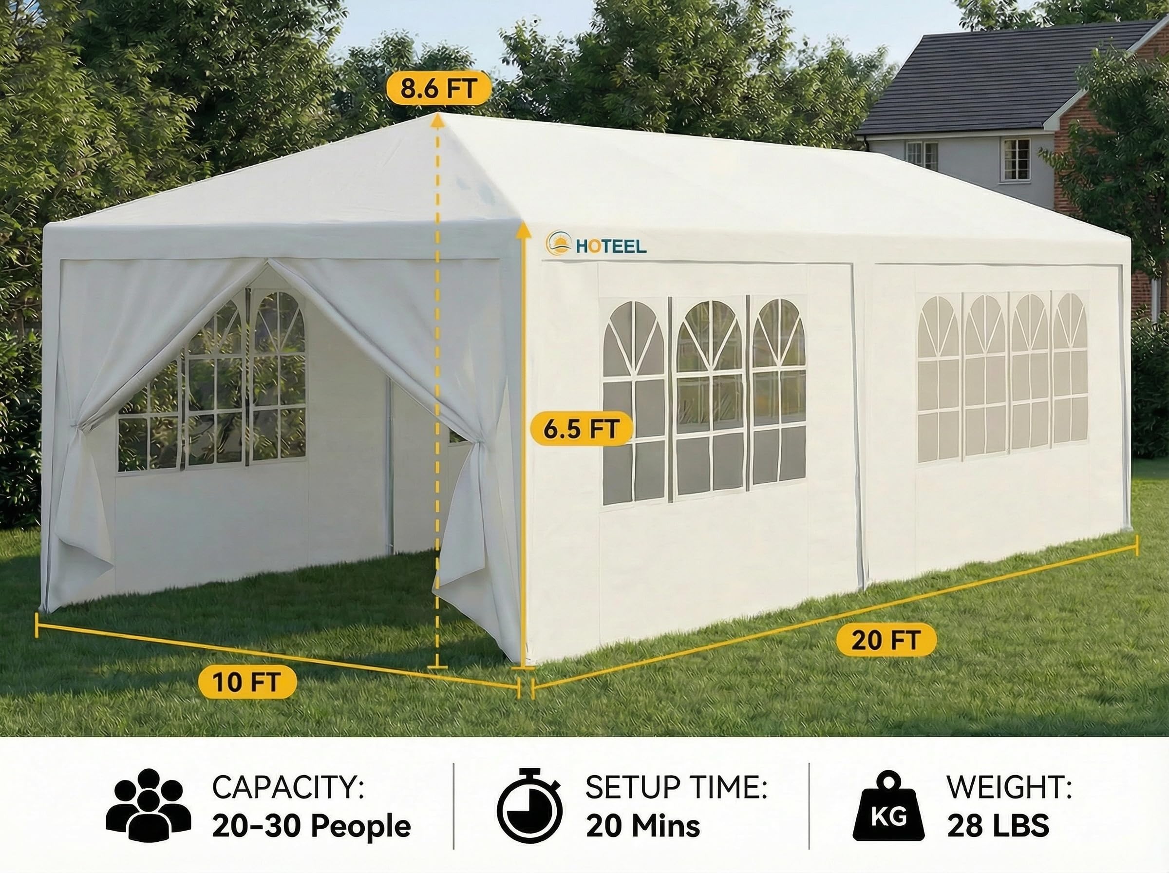 Hoteel 10x20 tent sidewalls removed enables great airflow for sunny days.