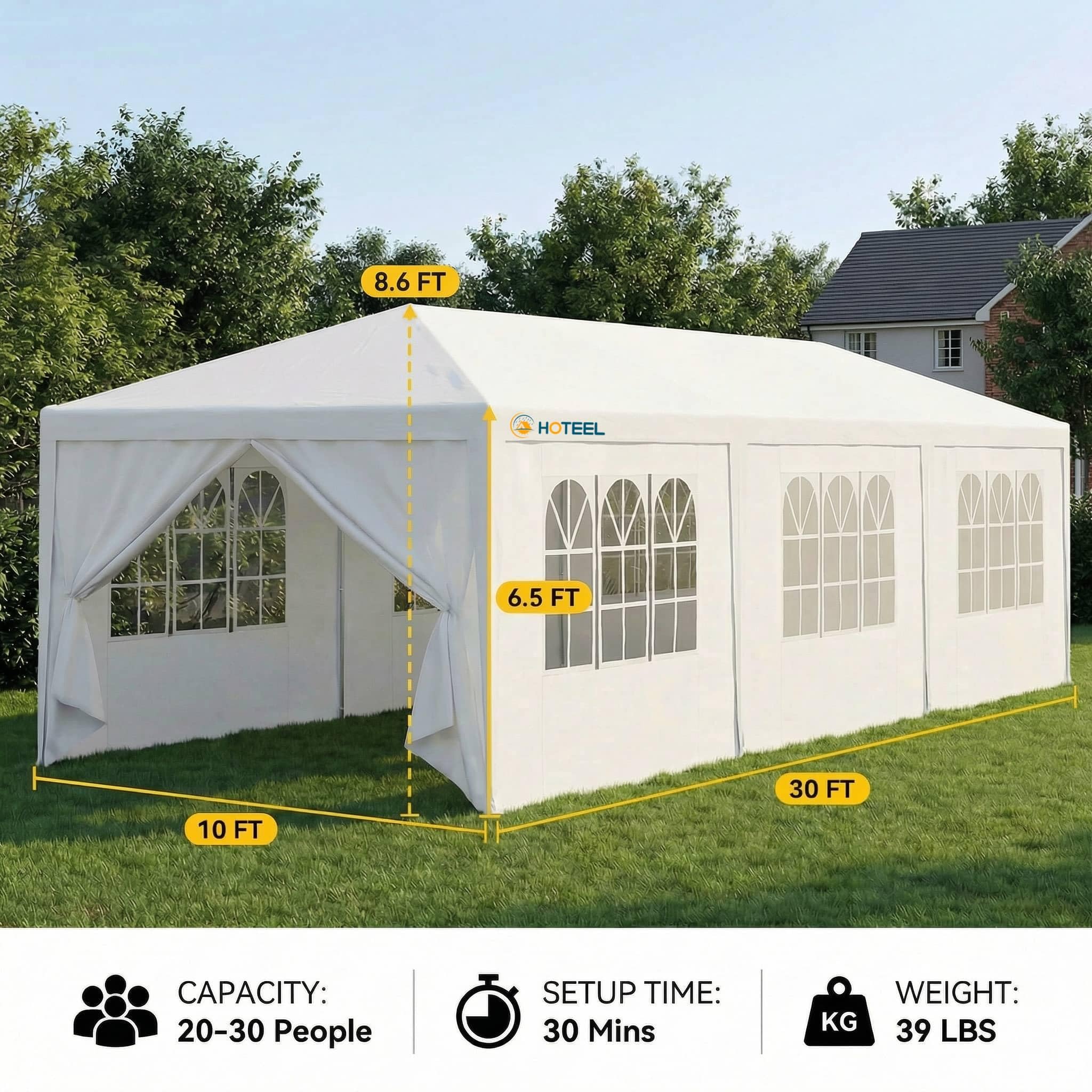 Hoteel tent with removable sidewalls for adaptable weather control.