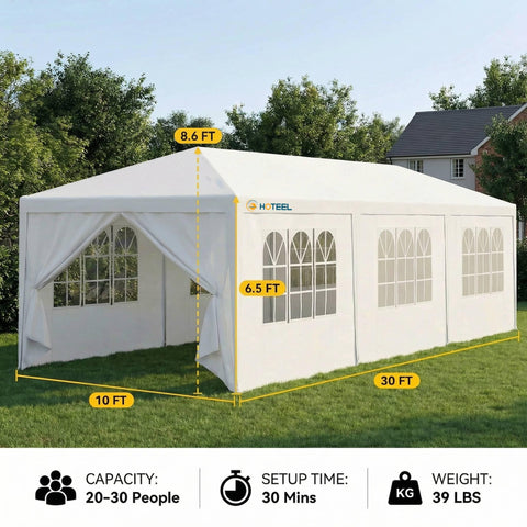 Hoteel tent with removable sidewalls for adaptable weather control.