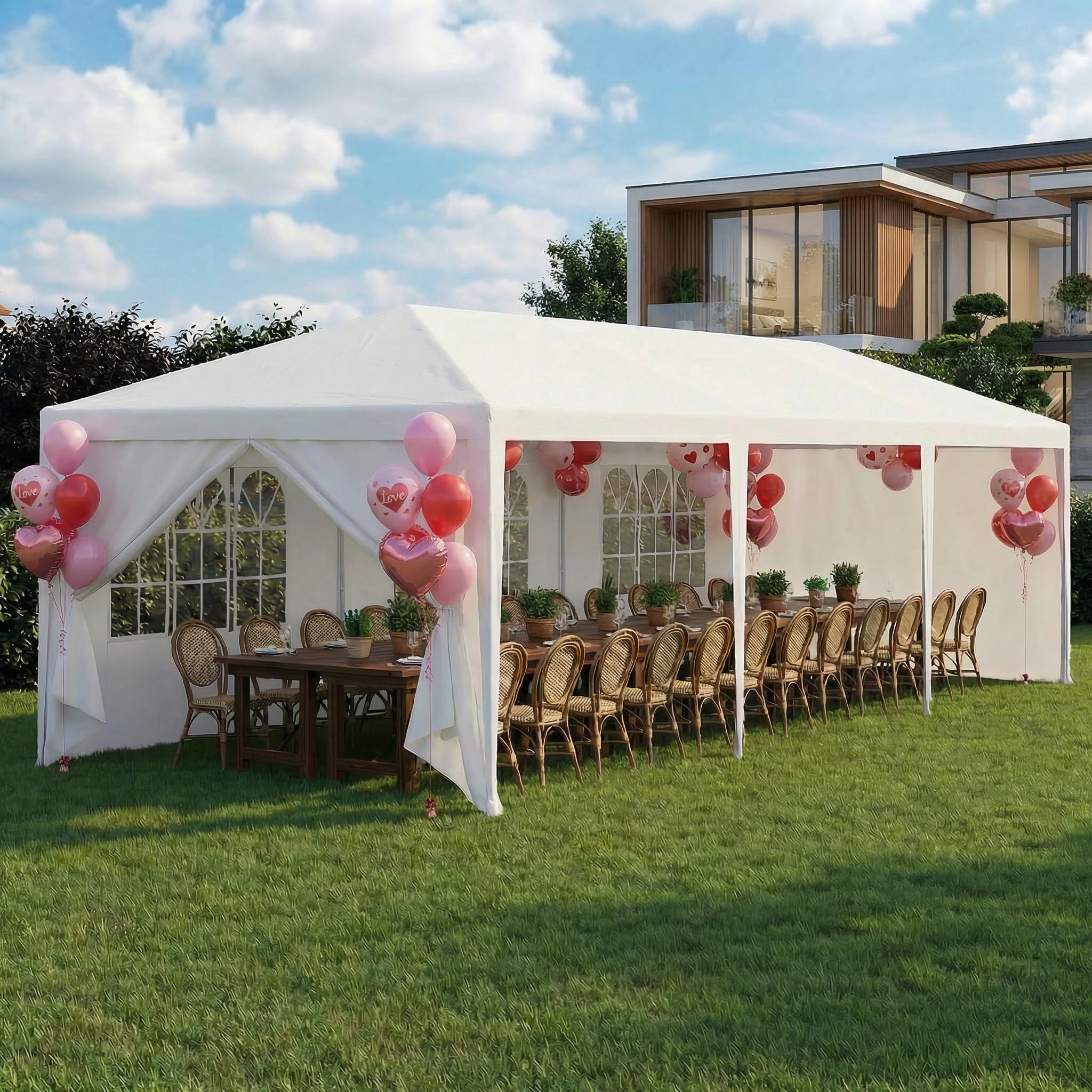 Hoteel 10x30ft party tent assembly for quick outdoor shelter.
