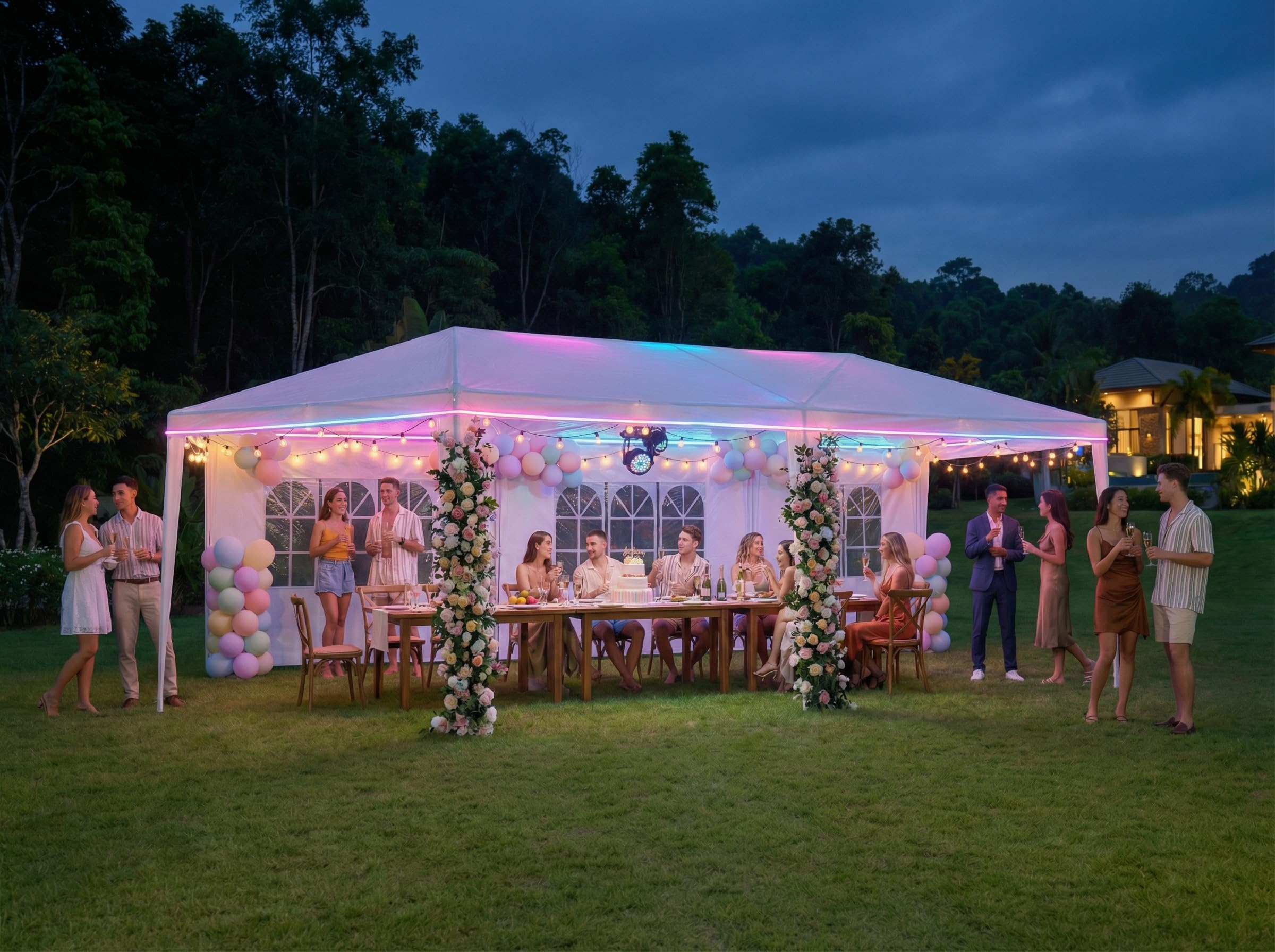 Hoteel backyard event tent ready for gatherings and celebrations.