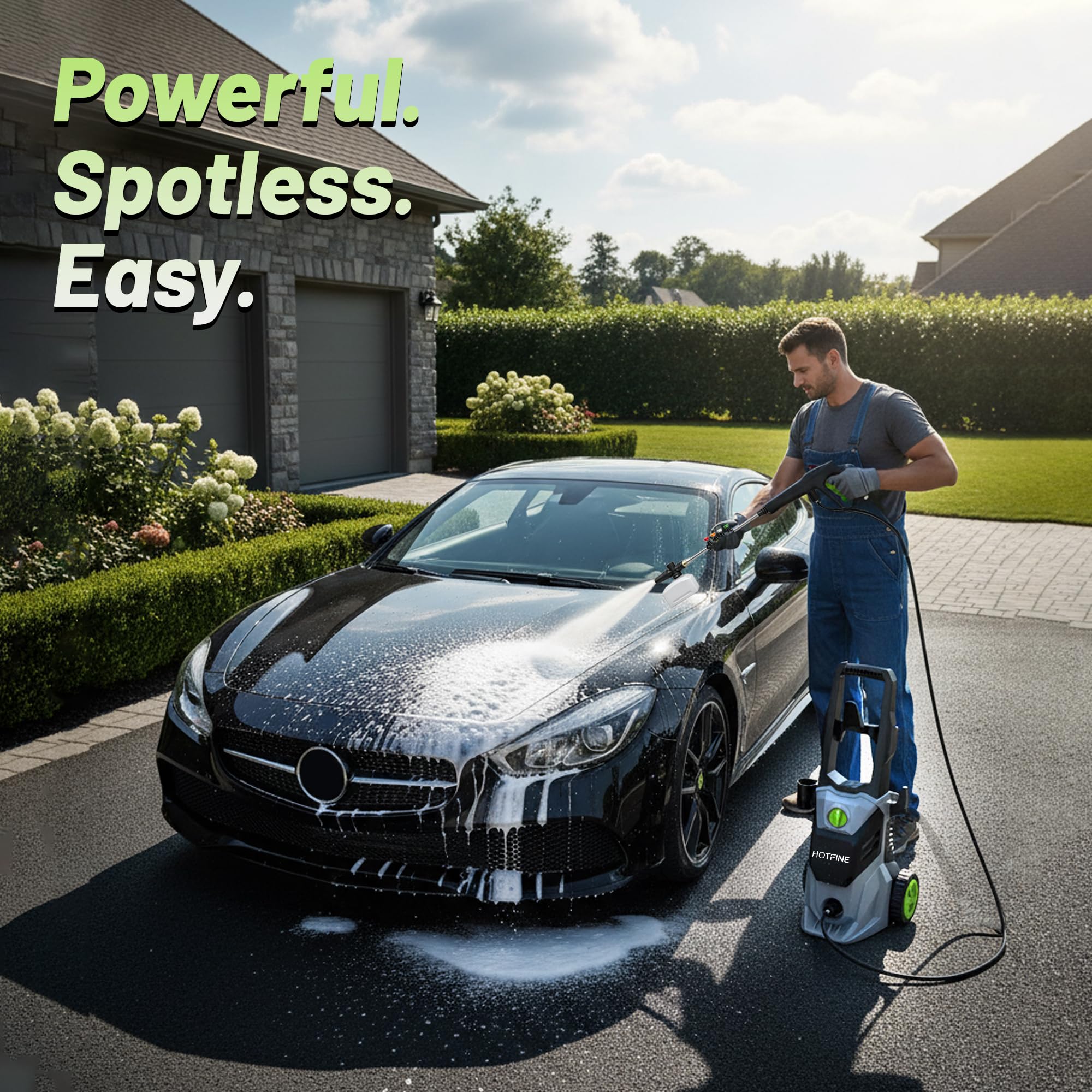 HOTFINE pressure washer 1500W motor powering deep cleaning.