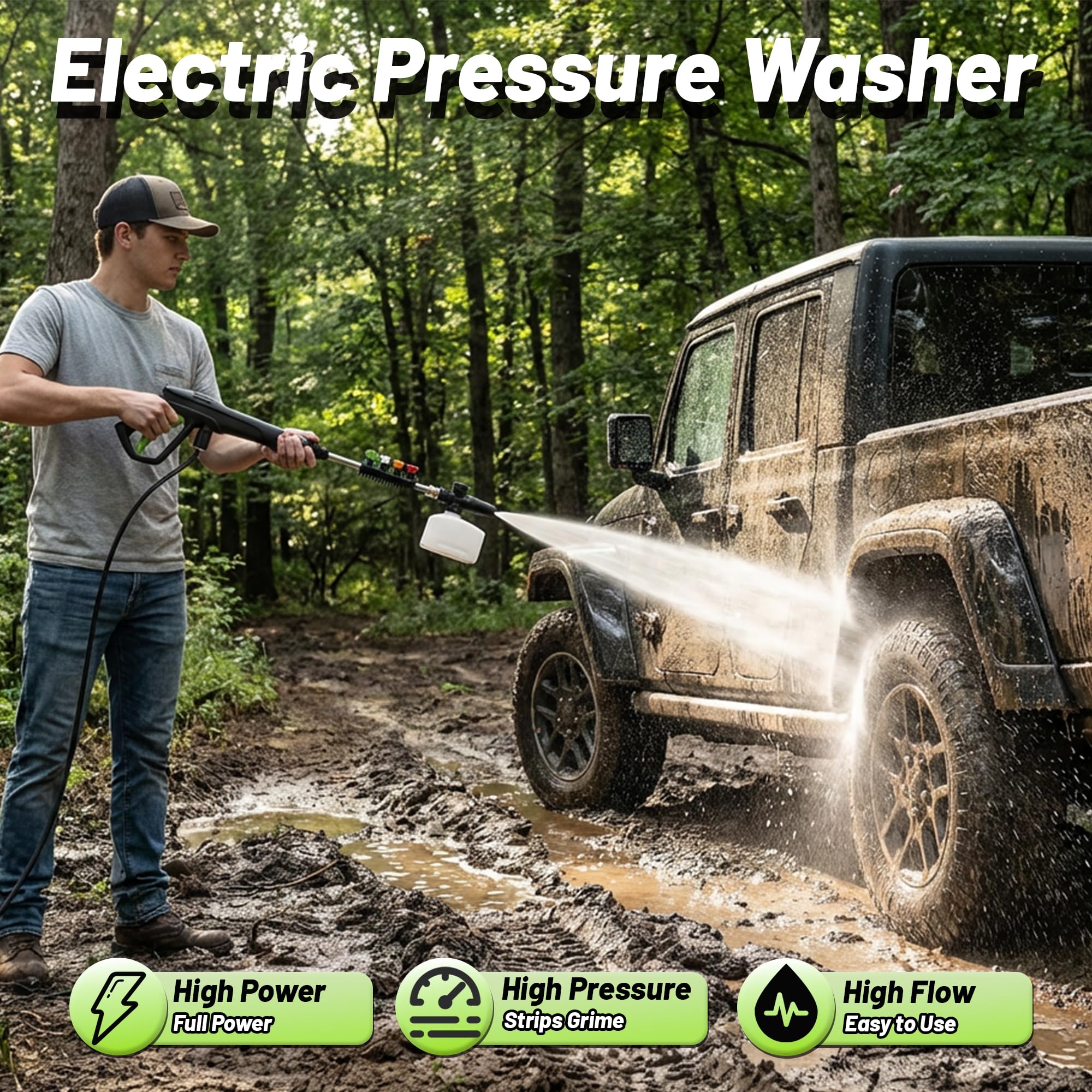 HOTFINE pressure washer with four nozzles for versatile spraying.