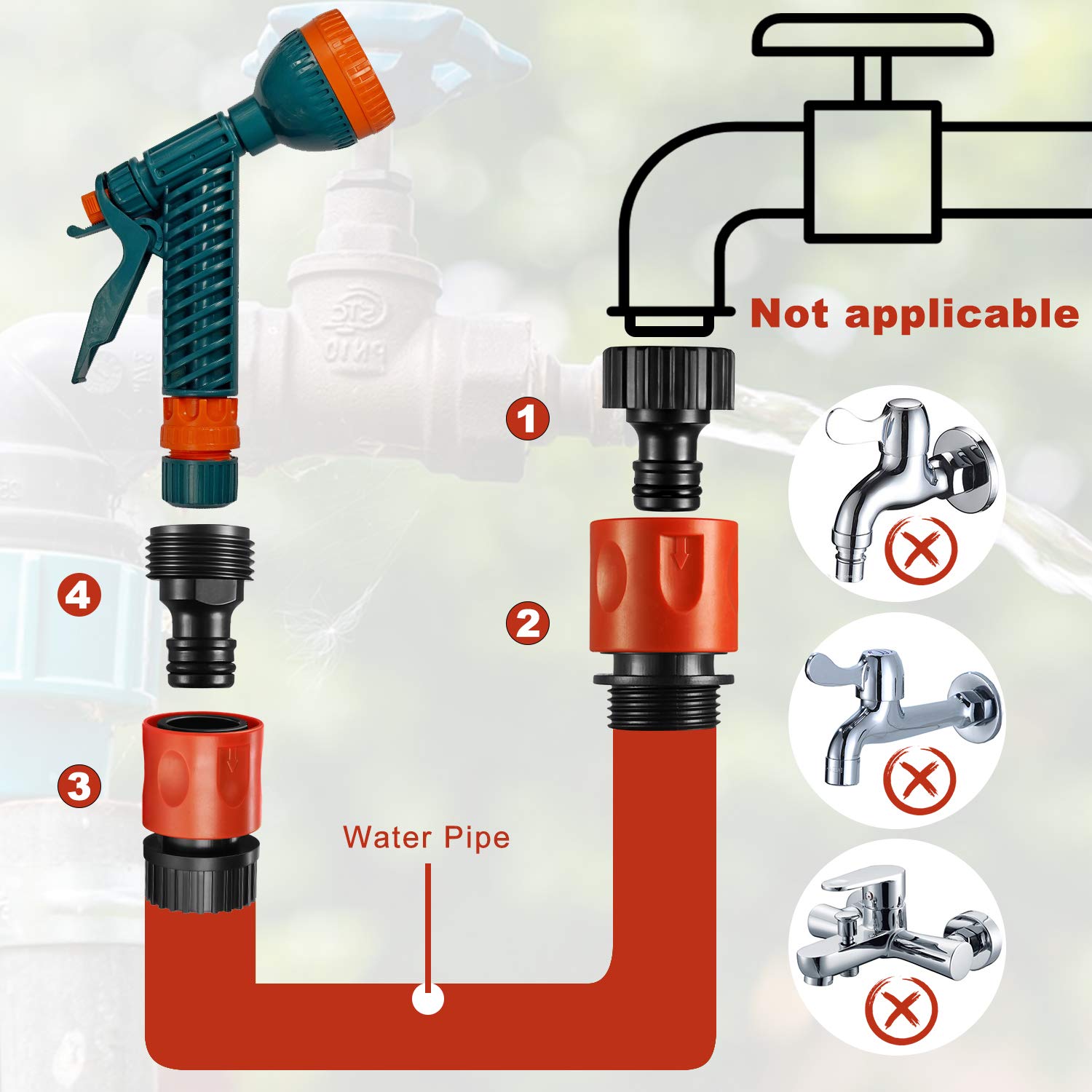 Hotop 34-inch male-female connectors showing universal hose compatibility.