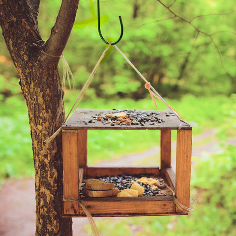 Hotop hook elevates a bird house for safe garden placement.