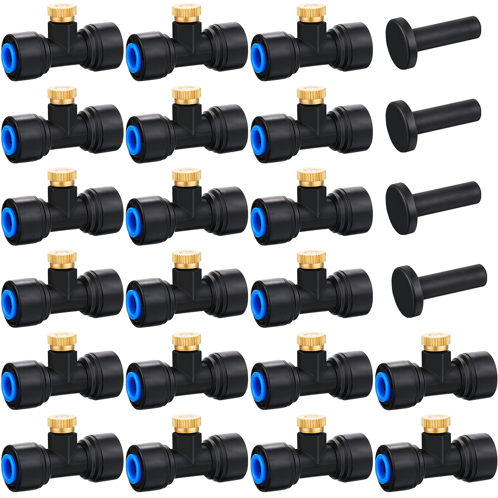 Hotop brass misting nozzle tee with sliding lock enables quick 1/4 inch connections for cooling.