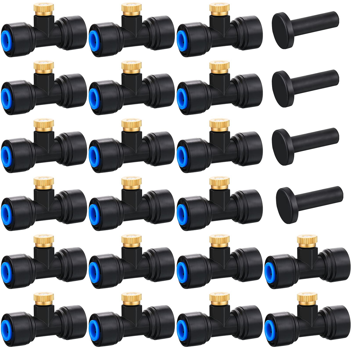 Hotop brass misting nozzle tee with sliding lock enables quick 1/4 inch connections for cooling.