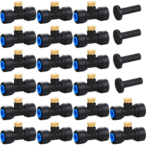 Hotop brass misting nozzle tee with sliding lock enables quick 1/4 inch connections for cooling.
