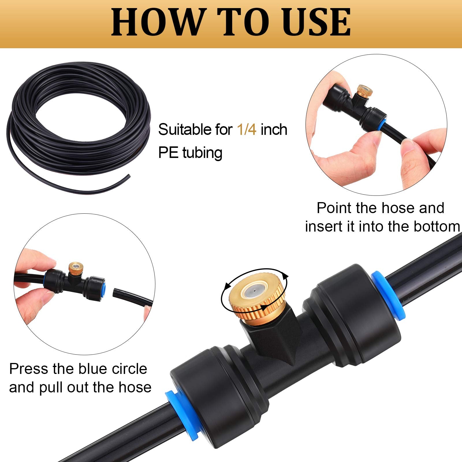 Hotop brass misting nozzle tees in durable material for outdoor use.