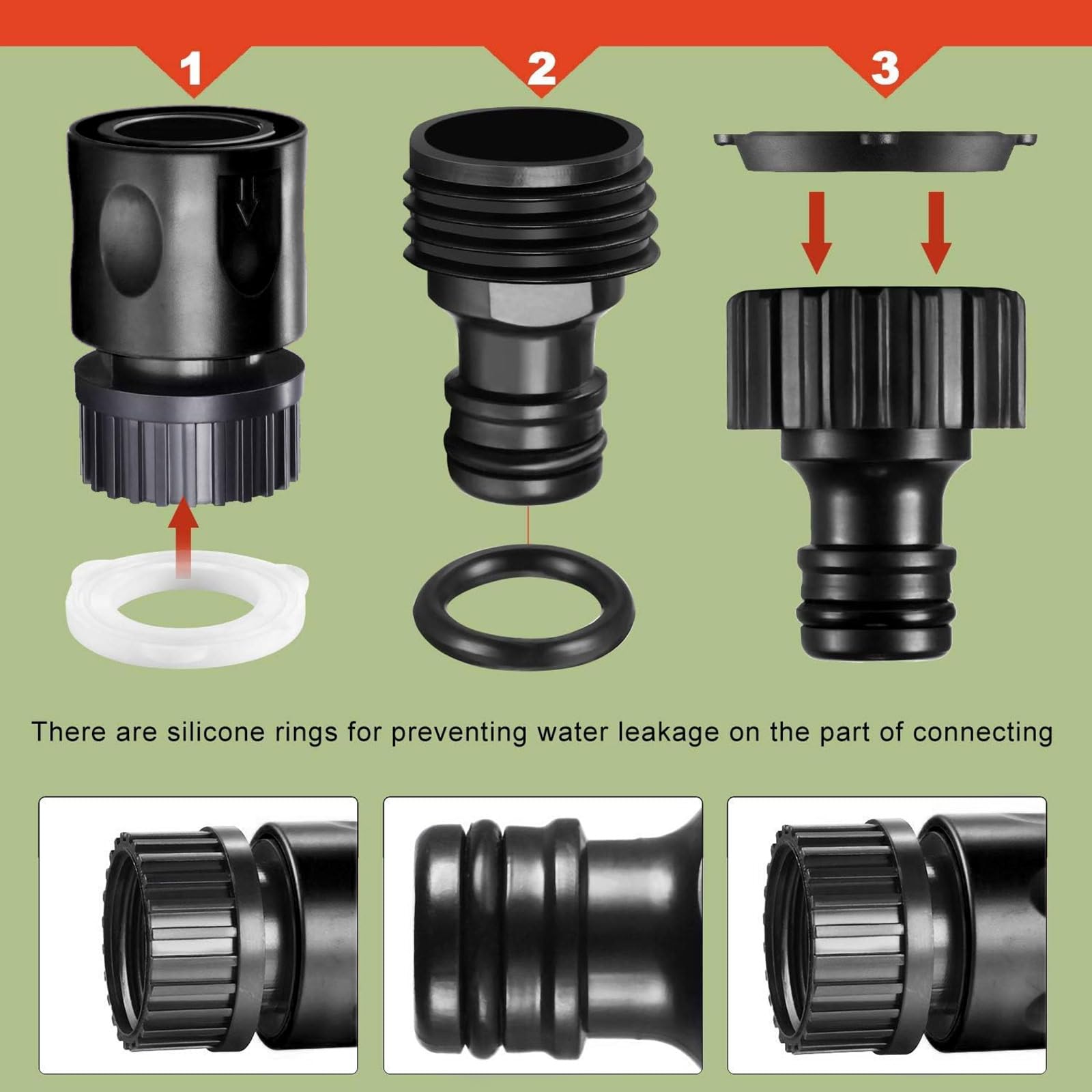 Hotop female hose-end connector close-up showing leak-resistant threading.