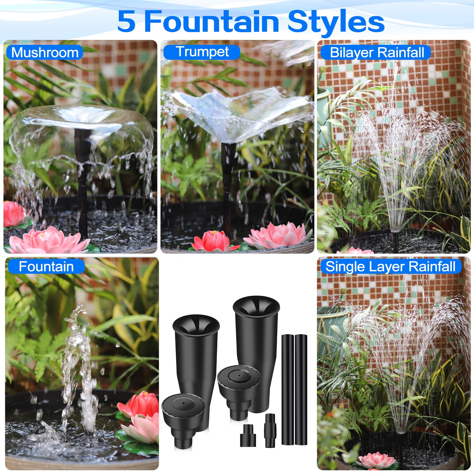 Hottche blossom and trumpet pattern nozzles displayed for pond decor
