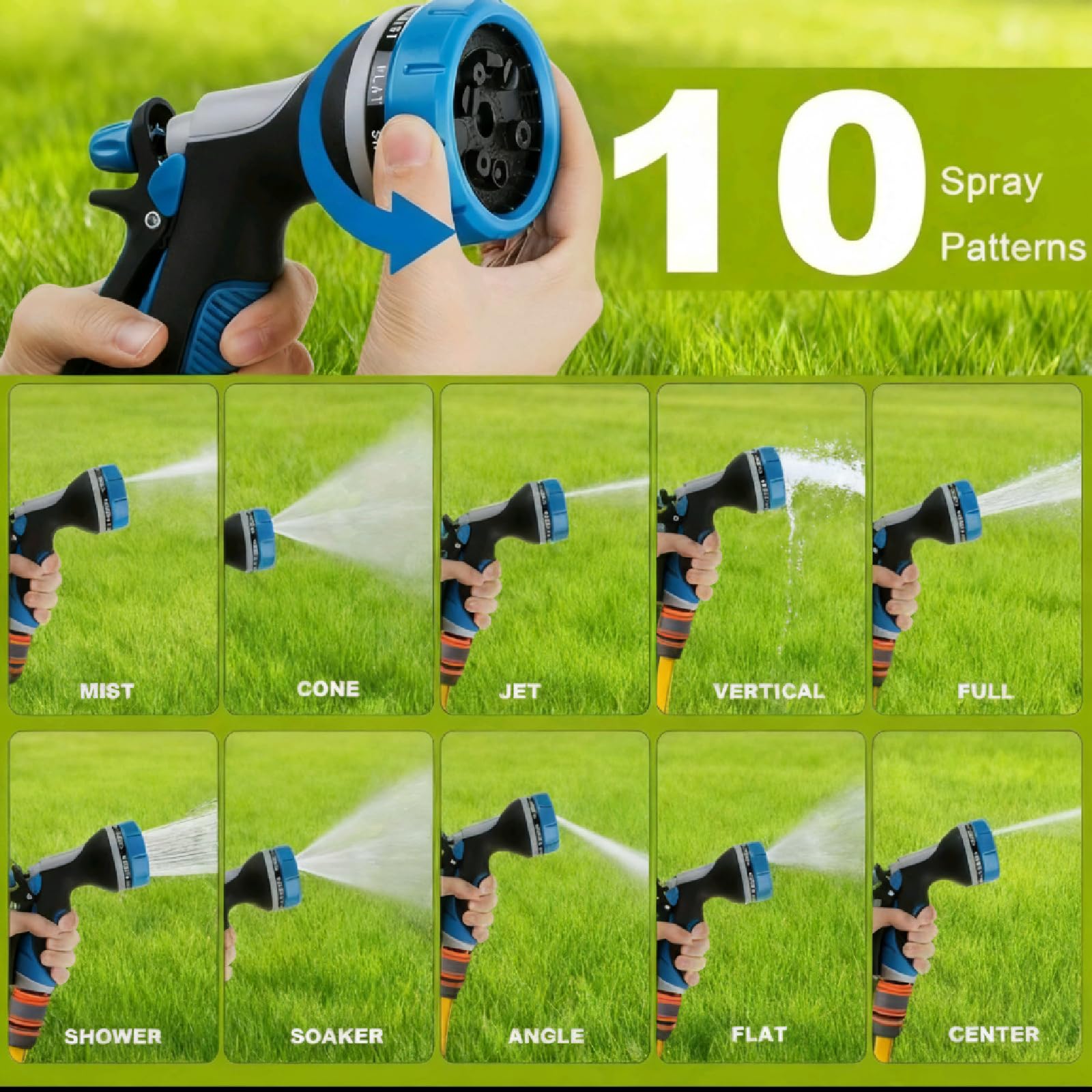 HouGariee garden nozzle showing 10 adjustable patterns for precise watering tasks.