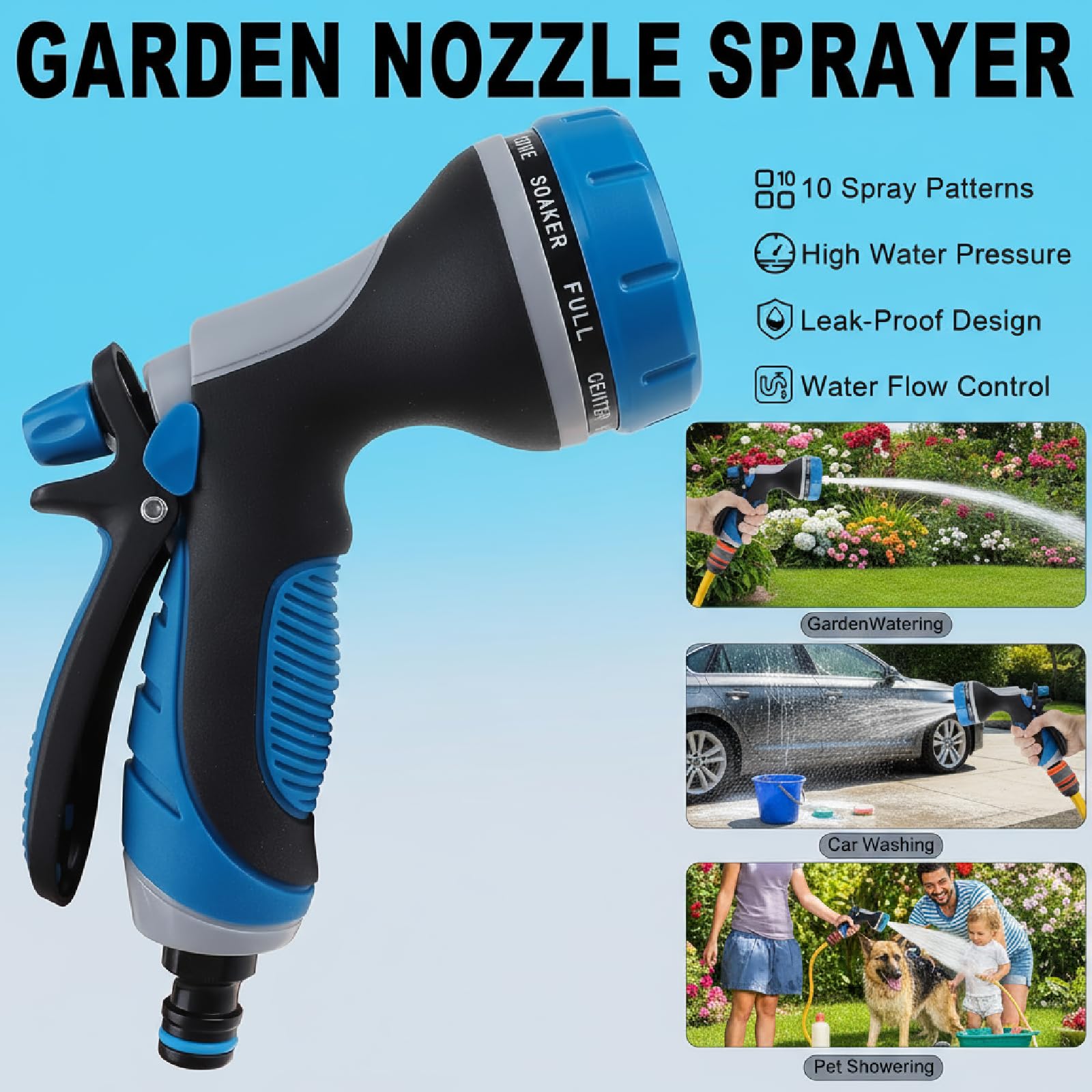 HouGariee garden nozzle with slip resistant grip for comfortable operation.
