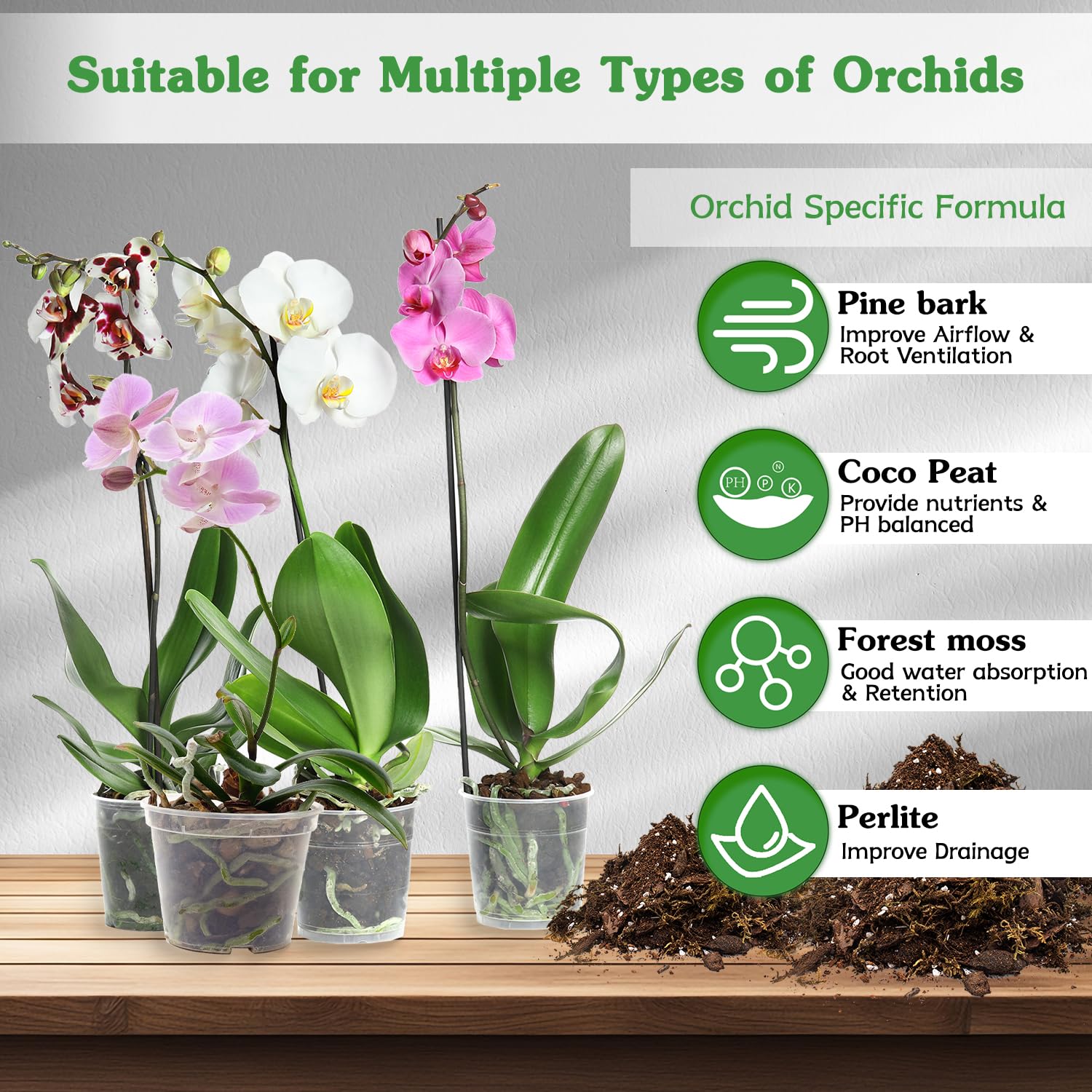 HOUNANG orchid potting mix includes coco peat providing nutrients for growth.