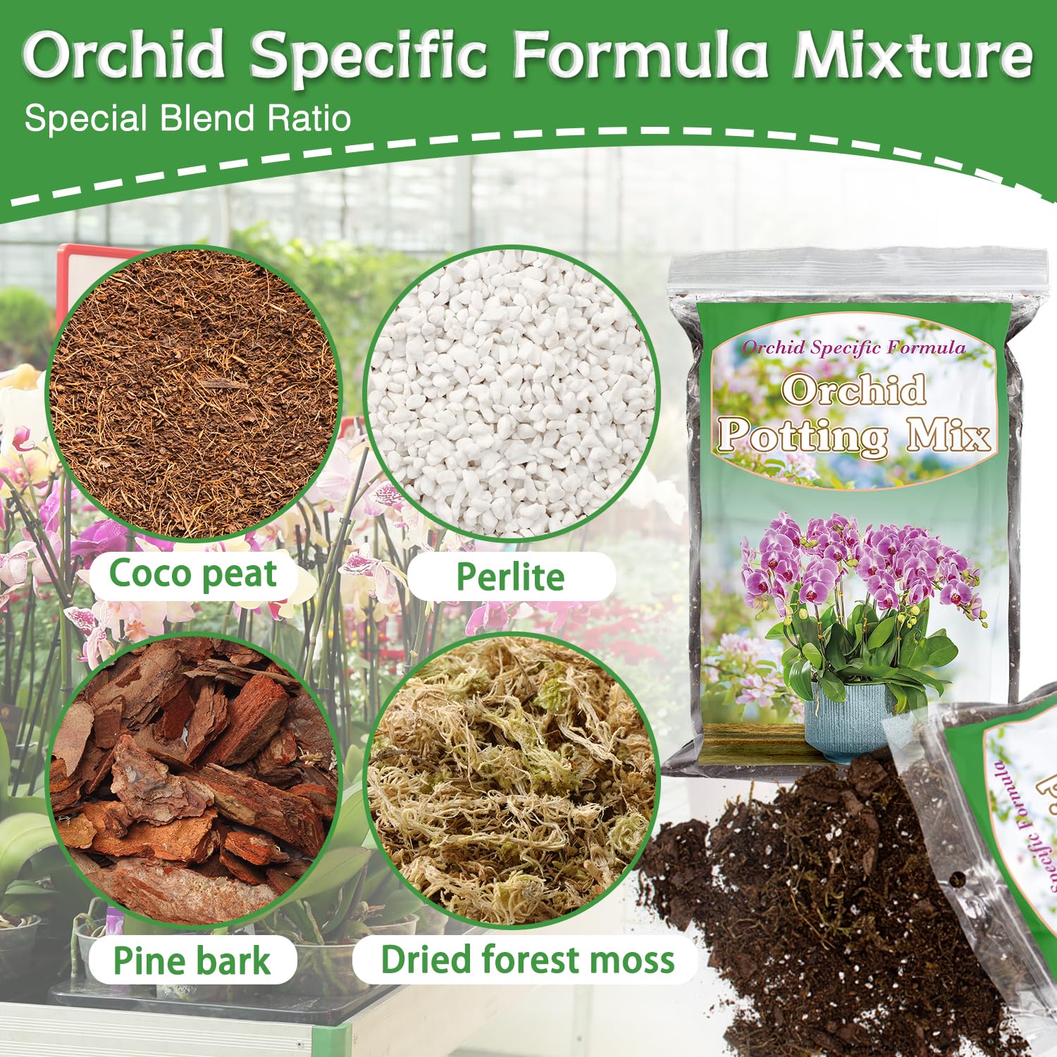 HOUNANG orchid potting mix showing pine bark for drainage and airflow.