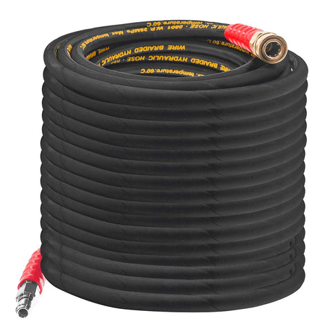 Hourleey 50ft pressure washer hose with quick-connect enables easier outdoor cleaning.
