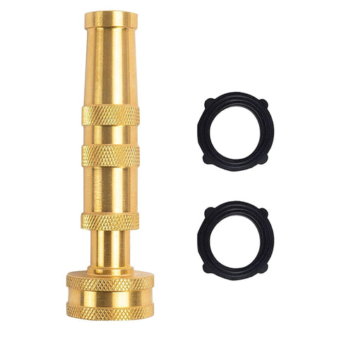 Hourleey brass hose nozzle close-up with twist barrel for precise watering.