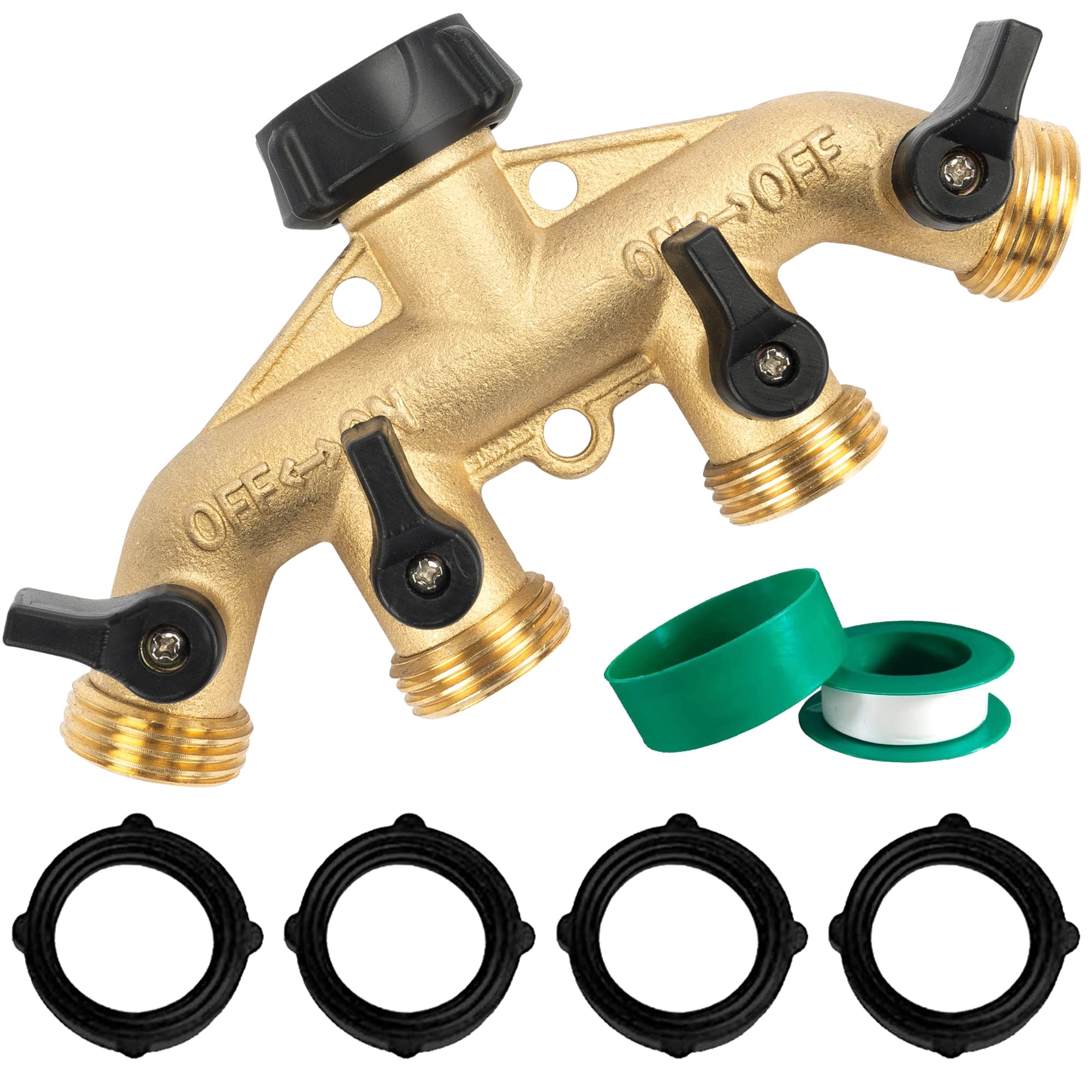 Hourleey brass 4-way hose splitter top view showing four outlets for versatile watering