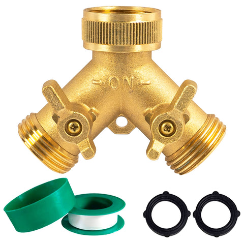 Hourleey brass hose splitter 2-way front view shows durable construction for reliable watering.