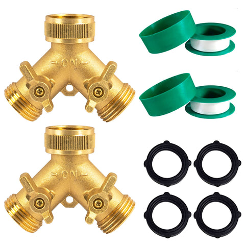 Hourleey brass hose splitter with two outlets enables flexible watering setups.