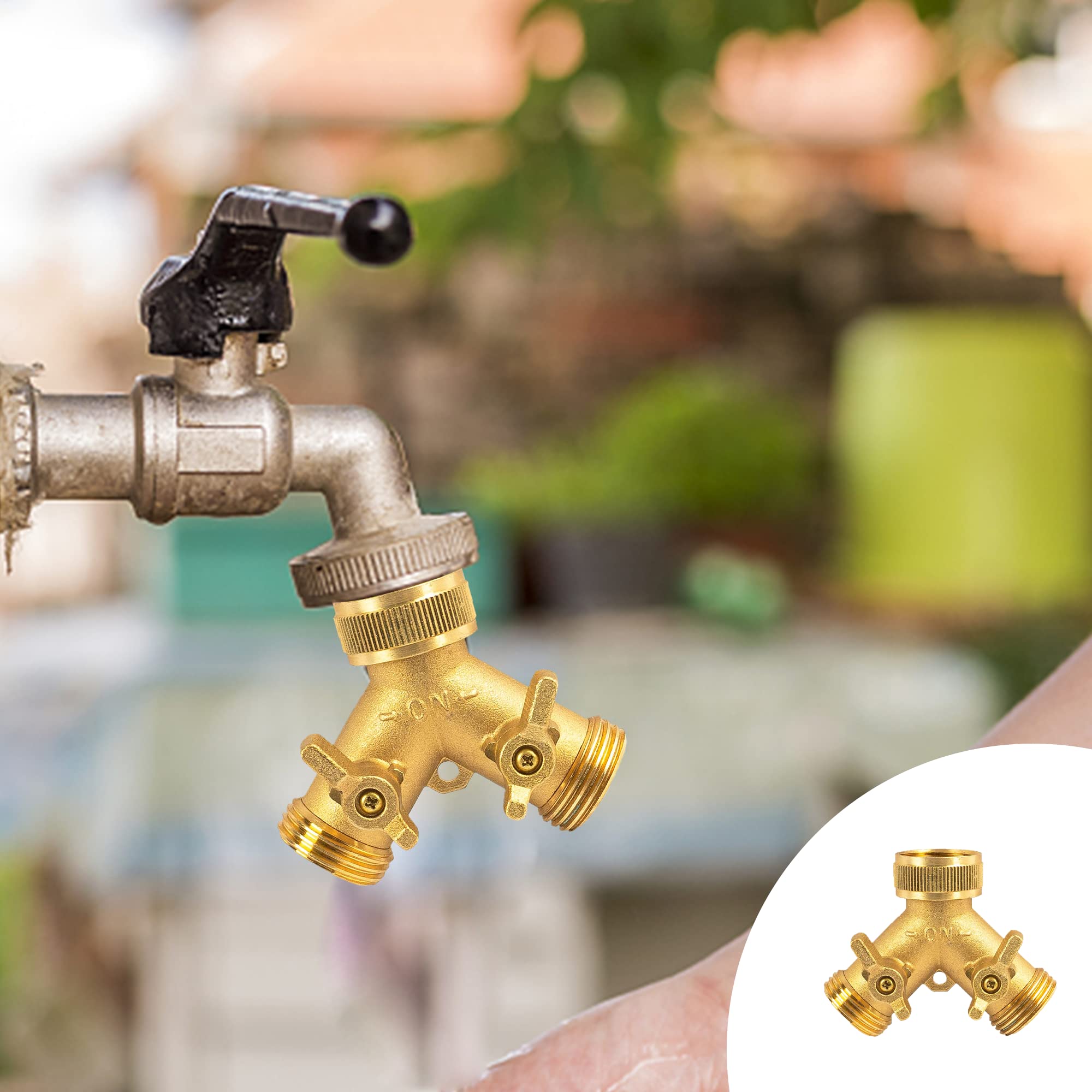 Hourleey brass hose splitter installation showing tool-free setup.