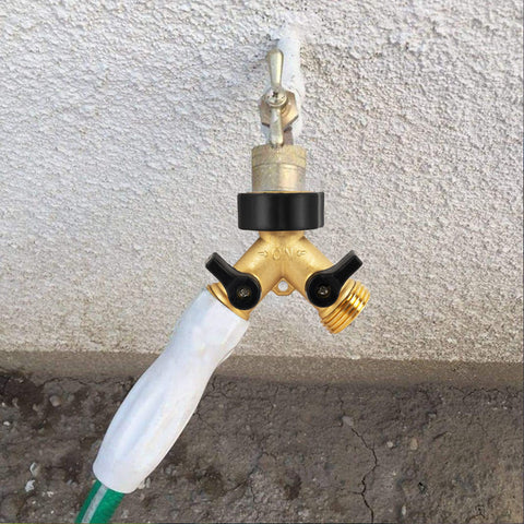 Hourleey brass hose splitter valves closeup highlights independent controls for precise flow.