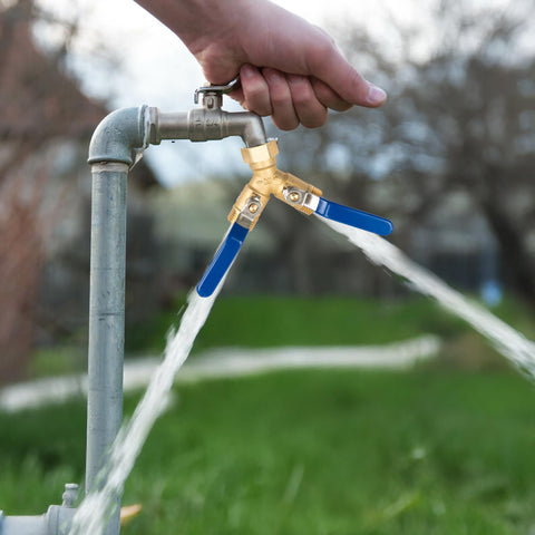 Hourleey brass splitter in use with long handle for easy switching