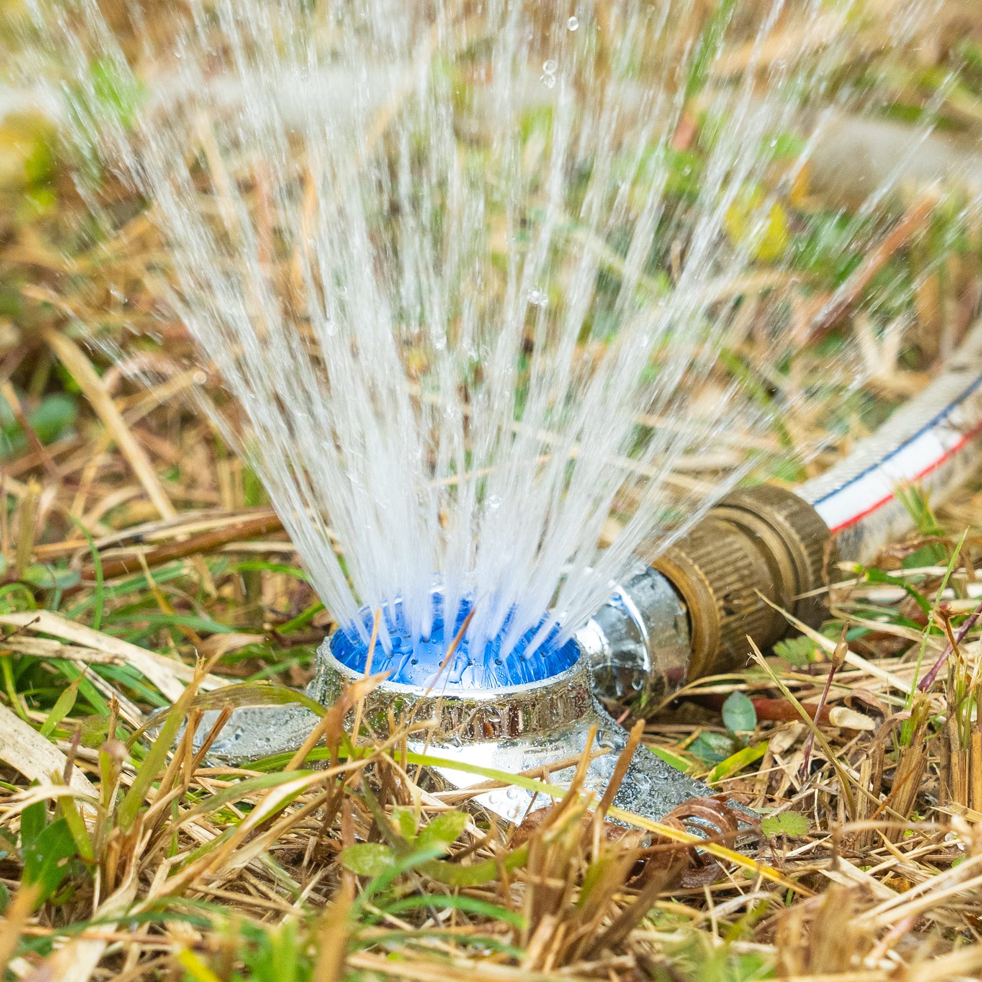 Hourleey circle-pattern sprinkler spraying 360 degrees around the garden