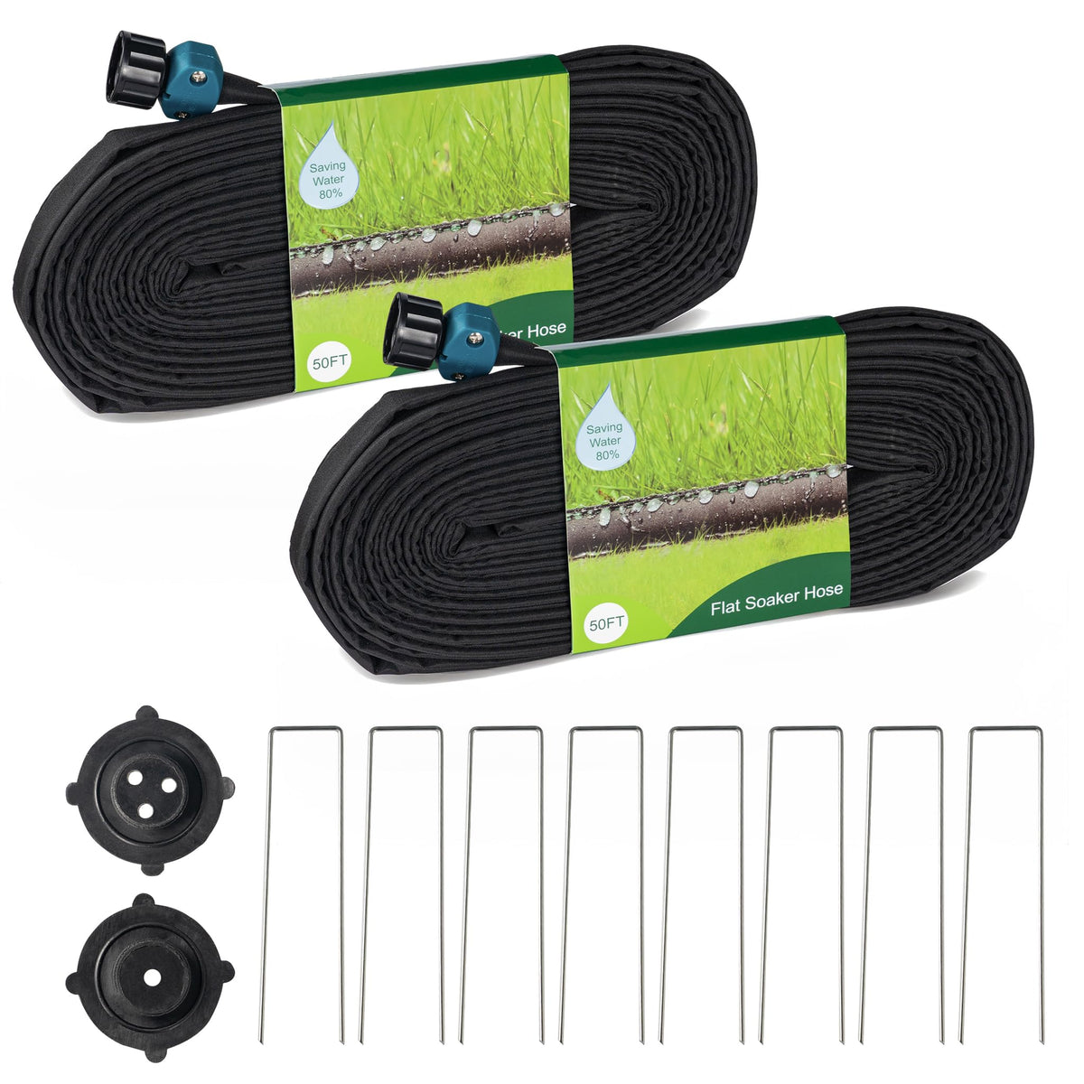 Hourleey flat soaker hose 100ft unrolled in garden for even watering