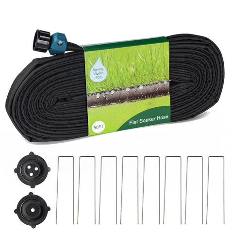 Hourleey flat soaker hose 50ft unrolled for even irrigation across beds