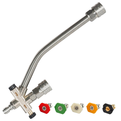 Hourleey dual-end foam cannon connector showing foam and water modes for versatile cleaning.