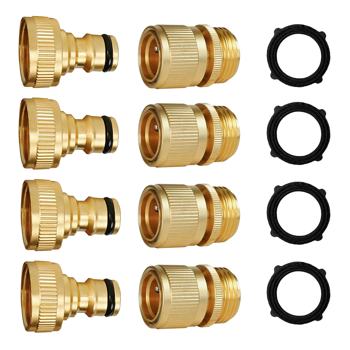 Hourleey garden hose quick-connect set with four male and four female fittings for easy assembly.