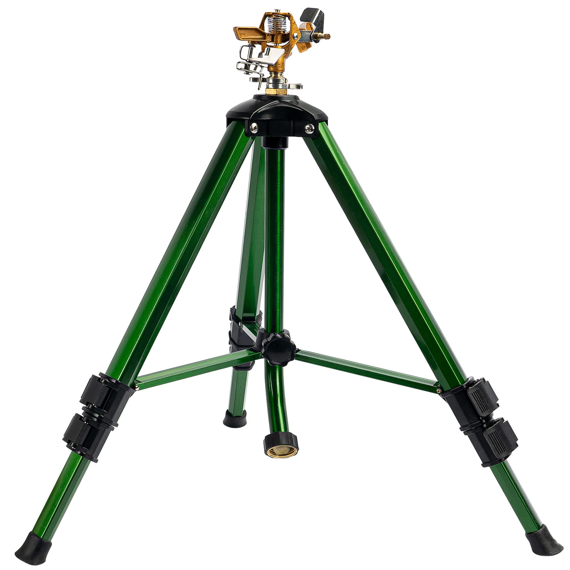 Hourleey impact sprinkler on tripod base delivers 0-360° coverage for versatile yard irrigation.