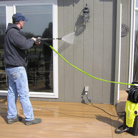 Hourleey hose cleans cars, driveways, and siding efficiently.