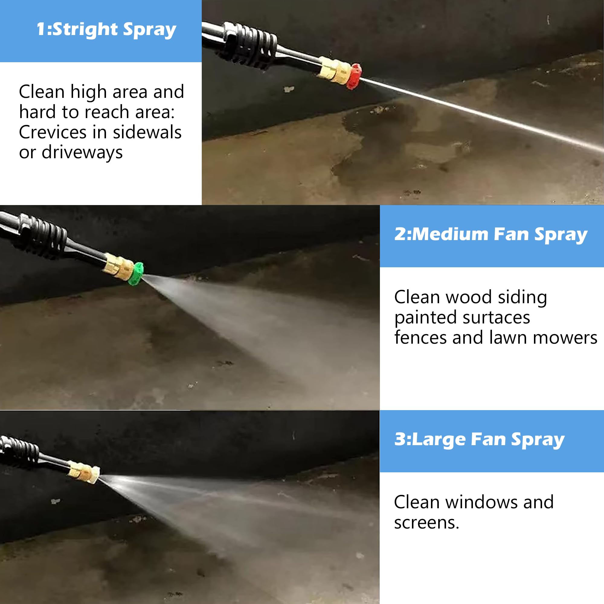 Hourleey 0-degree red nozzle concentrates the jet for stubborn grime.