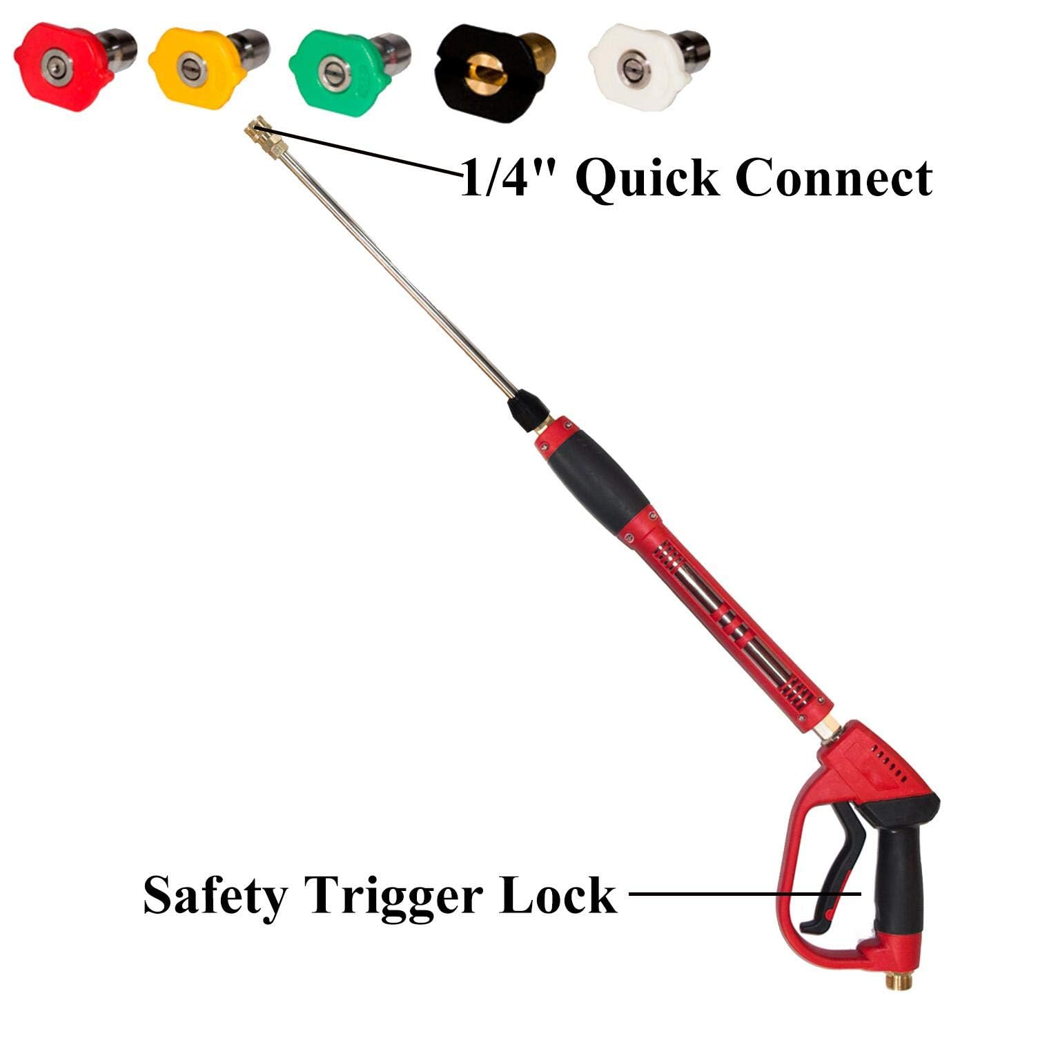 Hourleey red 40-inch length gun demonstrates extended reach for ground-level washing.