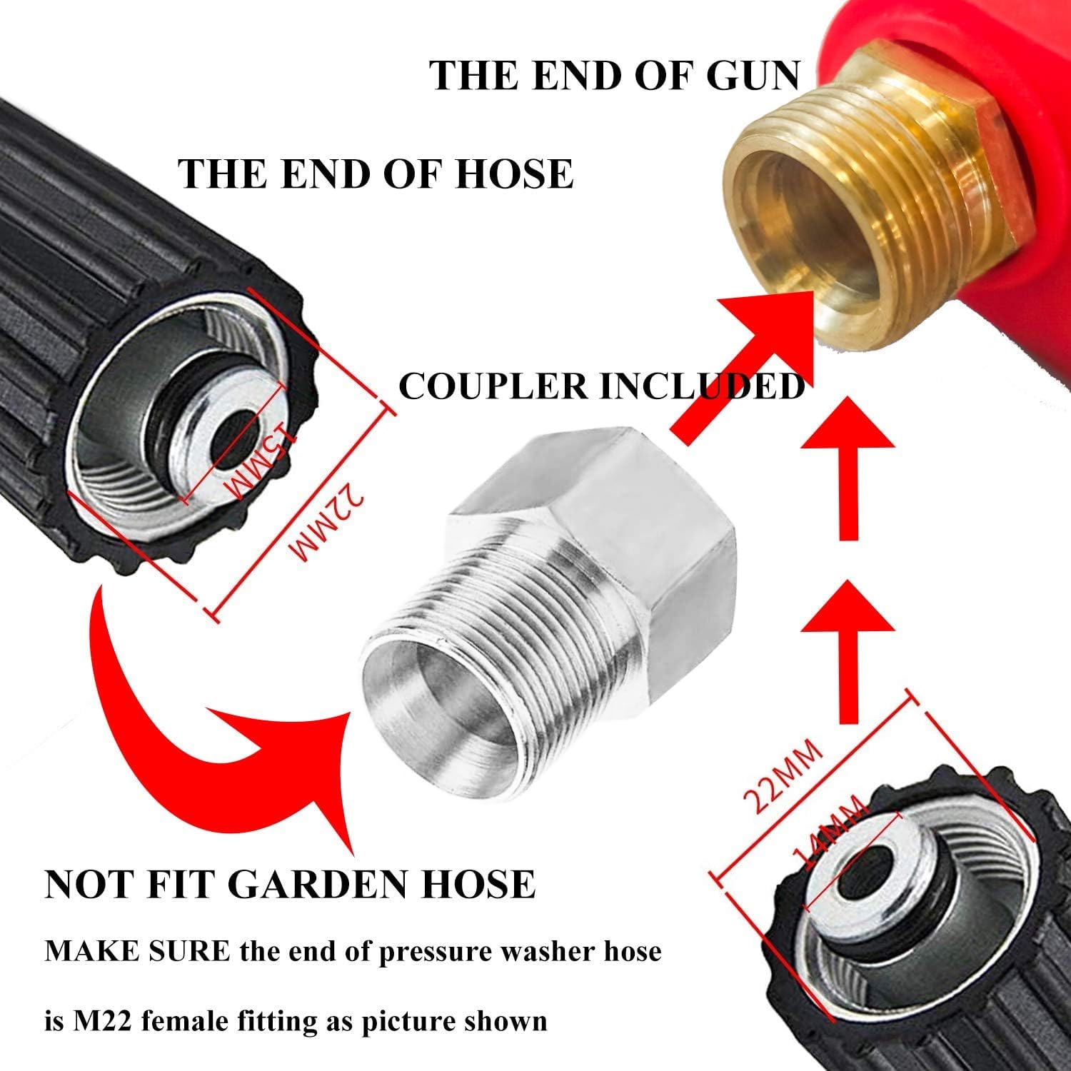 Hourleey pressure washer gun with M22 connector demonstrates compatibility for quick hose setup.