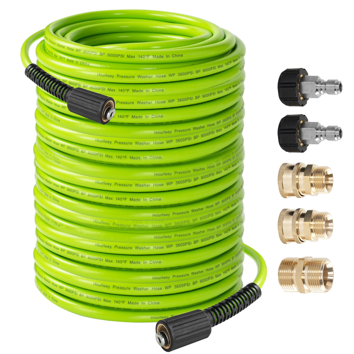Hourleey pressure-washer hose 100ft demonstrates extended reach for tough outdoor cleaning tasks.