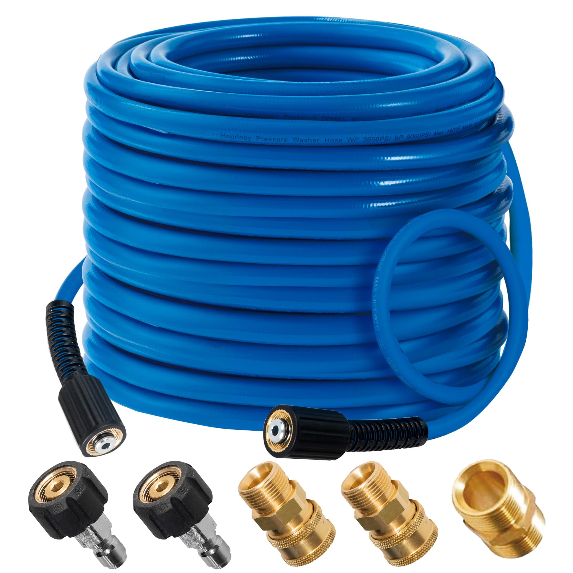 Hourleey 50 ft blue pressure washer hose extended for versatile cleaning reach.