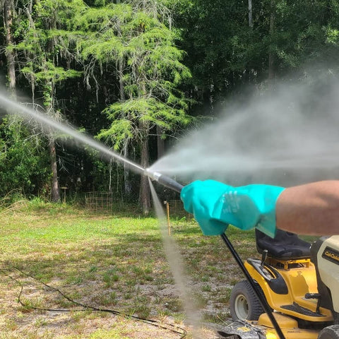 Hourleey Rotating nozzle provides 360-degree cleaning around drains.