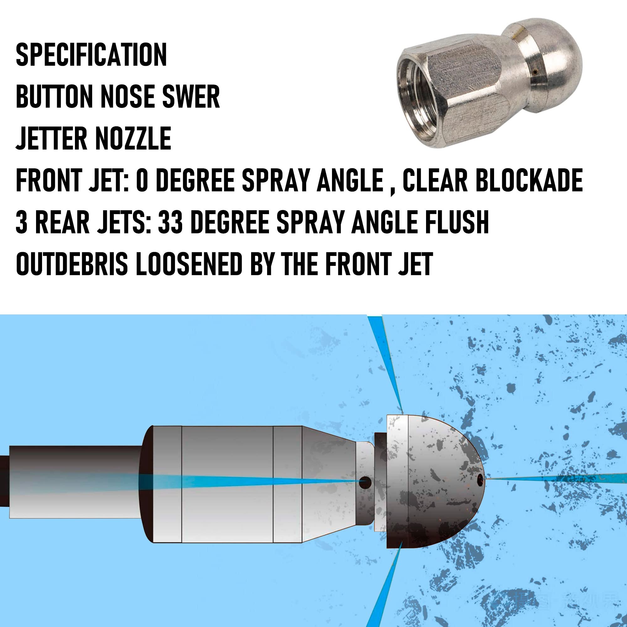 Hourleey rotating sewer nozzle delivers 360 degree cleaning around pipes